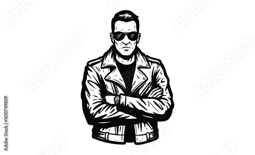 Tough male character in leather jacket with sunglasses illustration. Vector retro hand drawn illustration