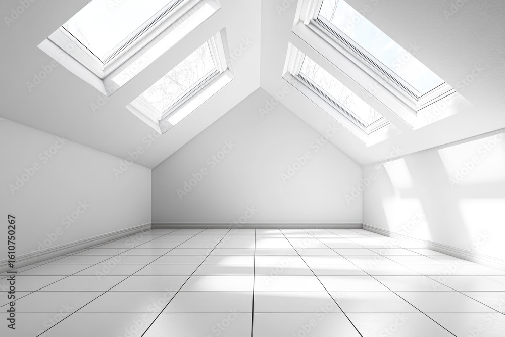 Fototapeta premium Bright attic with skylights and white walls