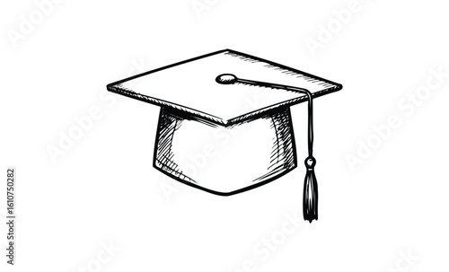 Hand-drawn graduation cap with tassel. Vector retro hand drawn illustration