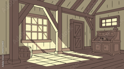Illustration of an attic interior with wooden beams window desk and barrel in a cartoon style