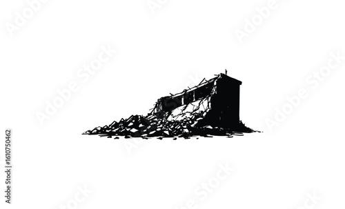 Abandoned building in ruins with piles of debris. Vector retro hand drawn illustration