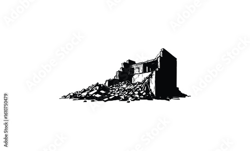 Black and white illustration of abandoned ruins with crumbling structure and rubble. Vector retro hand drawn illustration