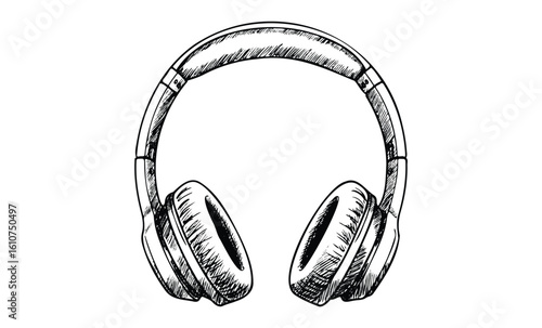 Hand-drawn sketch of over-ear headphones on transparent background. Vector retro hand drawn illustration