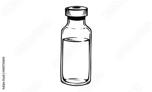 Vintage glass bottle with cork stopper - black and white line art drawing. Vector retro hand drawn illustration