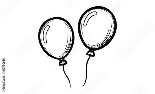Sketch of two floating balloons with strings. Vector retro hand drawn illustration