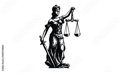 Lady justice holding scales and sword drawing in black and white illustration. Vector retro hand drawn illustration