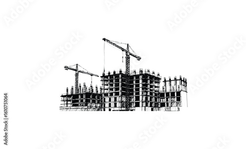 Silhouette of construction site with cranes and building framework rising. Vector retro hand drawn illustration