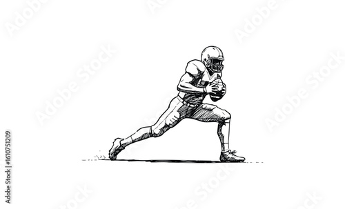Sketch of male american football player running with ball. Vector retro hand drawn illustration