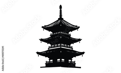 Silhouette of traditional japanese pagoda architecture. Vector retro hand drawn illustration