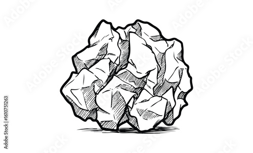 Detailed black and white sketch of rugged rock formation against white background. Vector retro hand drawn illustration