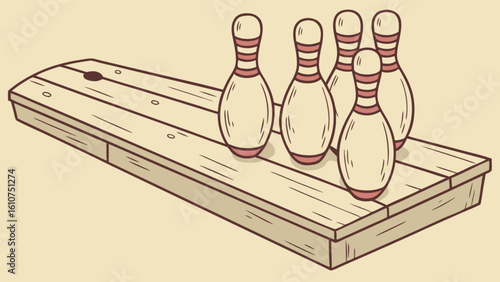 Illustration of five bowling pins standing on a wooden platform with a hole at the end of it