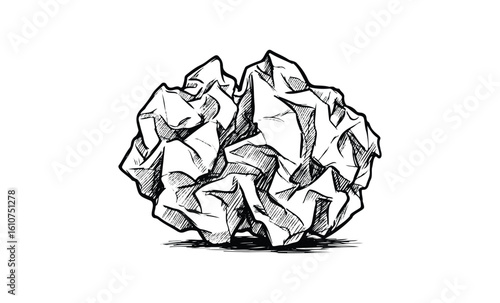 Hand-drawn crumpled paper ball sketch in black and white. Vector retro hand drawn illustration