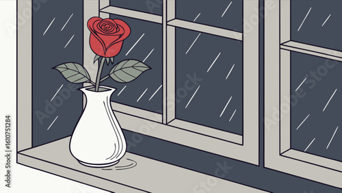 A red rose in a white vase on a windowsill with rain falling outside the window in a cartoon style image