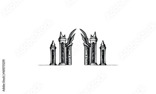 Intricate gothic gate with decorative pillars and arched design in black and white. Vector retro hand drawn illustration