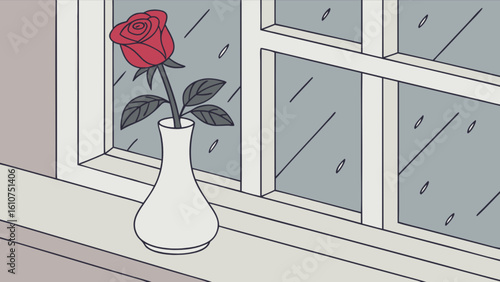 A red rose in a white vase on a windowsill during a rainy day with water droplets on the window pane