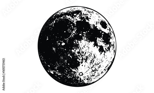 Black and white detailed moon illustration with craters and shadows. Vector retro hand drawn illustration