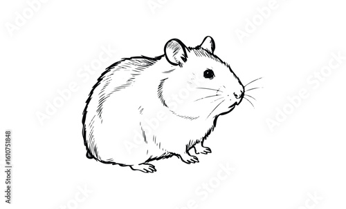 Detailed sketch of a cute hamster in a simple black and white style. Vector retro hand drawn illustration
