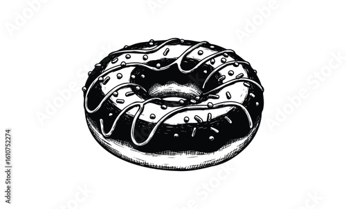 Black and white donut with drizzled icing and sprinkles sketch. Vector retro hand drawn illustration