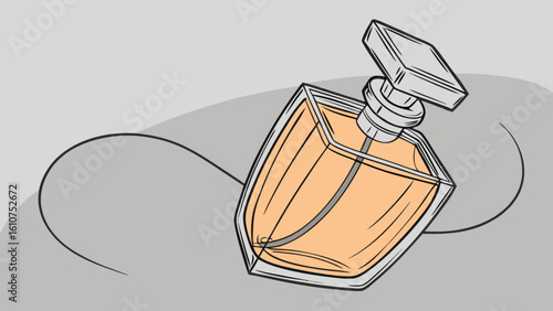 A perfume bottle with a geometric cap filled with a light orange liquid on a gray surface is shown