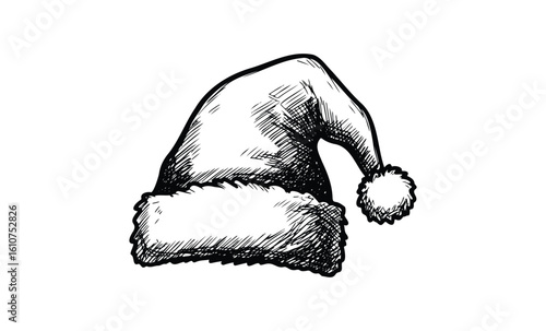 Hand-drawn sketch of traditional santa hat with fluffy trim and pom-pom. Vector retro hand drawn illustration