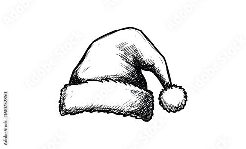 Hand-drawn santa hat illustration with fluffy trim and pom pom. Vector retro hand drawn illustration