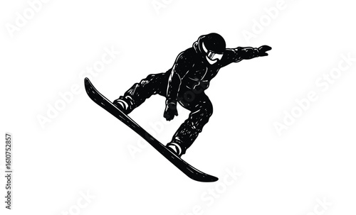 Black and white silhouette of snowboarder performing a jump. Vector retro hand drawn illustration