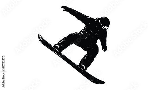 Silhouette of snowboarder performing jump in winter gear. Vector retro hand drawn illustration