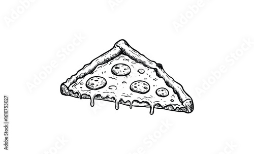Detailed black and white sketch of a melting cheese pizza slice with pepperoni. Vector retro hand drawn illustration