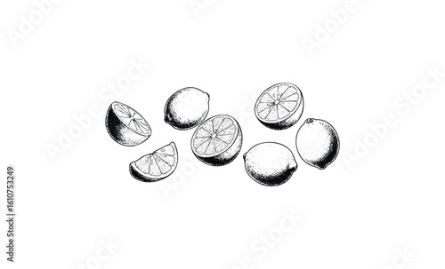 Hand-drawn citrus fruits: detailed black and white lemons and lime slices. Vector retro hand drawn illustration
