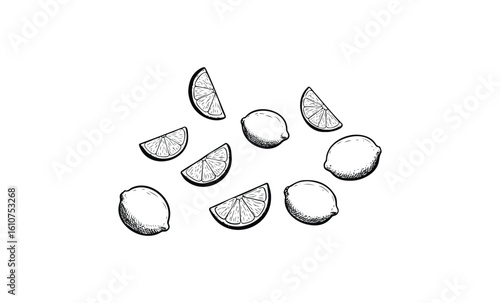 Hand-drawn lemon and lime slices in black and white. Vector retro hand drawn illustration
