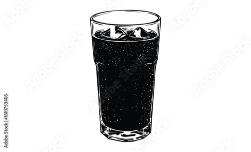 Detailed black and white illustration of a refreshing soda drink with ice cubes in a glass. Vector retro hand drawn illustration