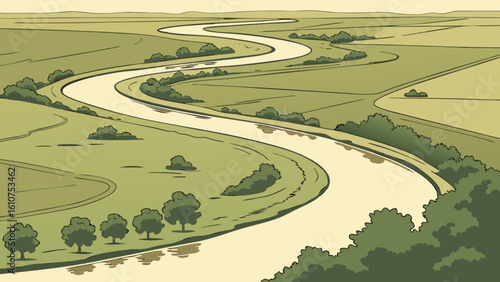 A winding river flows through a green landscape with trees and fields under a bright sky in a cartoon style