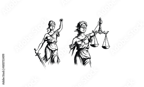 Lady justice illustration: sword and scales in monochrome art. Vector retro hand drawn illustration