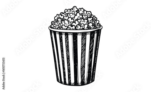 Hand-drawn popcorn in striped container - vintage sketch style cinema snack art. Vector retro hand drawn illustration