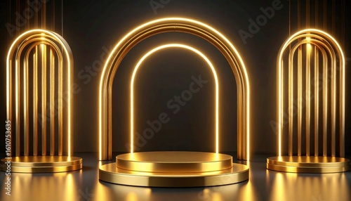 Golden Neon Arc Glowing On A Luxury Podium With Dramatic Lighting And Soft Reflections Against A Black Background