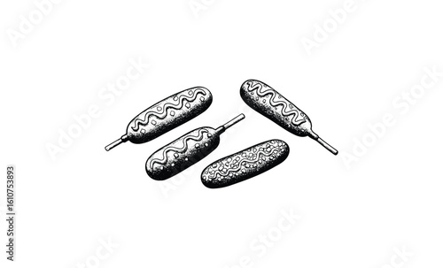 Illustration of five corn dogs with squiggle toppings. Vector retro hand drawn illustration