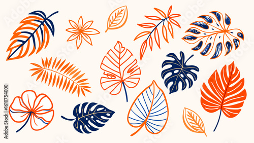 Vibrant Tropical Leaf Collection: Bold Orange and Navy Blue Line Art, Summery Design,  Modern Aesthetic.