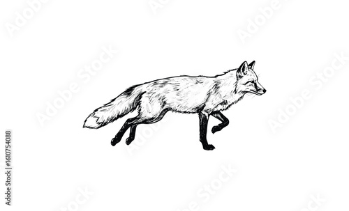 Detailed black and white sketch of walking fox in profile view. Vector retro hand drawn illustration
