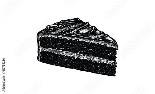 Vintage black and white illustration of a chocolate cake slice with frosting. Vector retro hand drawn illustration