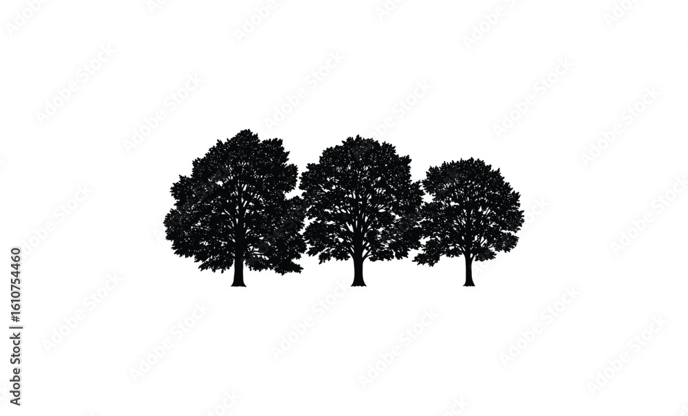 Fototapeta premium Silhouette of three trees. Vector retro hand drawn illustration