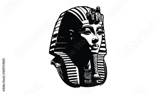Ancient egyptian pharaoh bust illustration of king tutankhamun in black and white. Vector retro hand drawn illustration