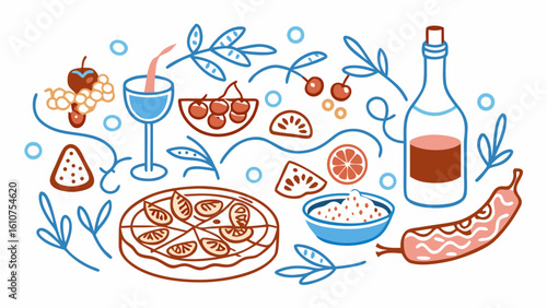 Mediterranean Food Illustration: Flat Lay Style,  Wine, Pizza, Fruit, and Appetizers, Cheerful Mood