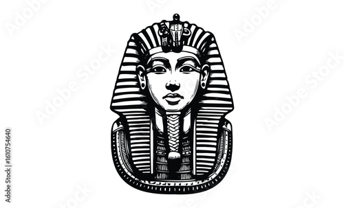Ancient egyptian pharaoh king tut illustration in black and white. Vector retro hand drawn illustration