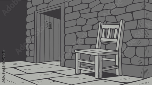 A simple wooden chair sits beside a stone wall near a door in a dimly lit, cartoon style room