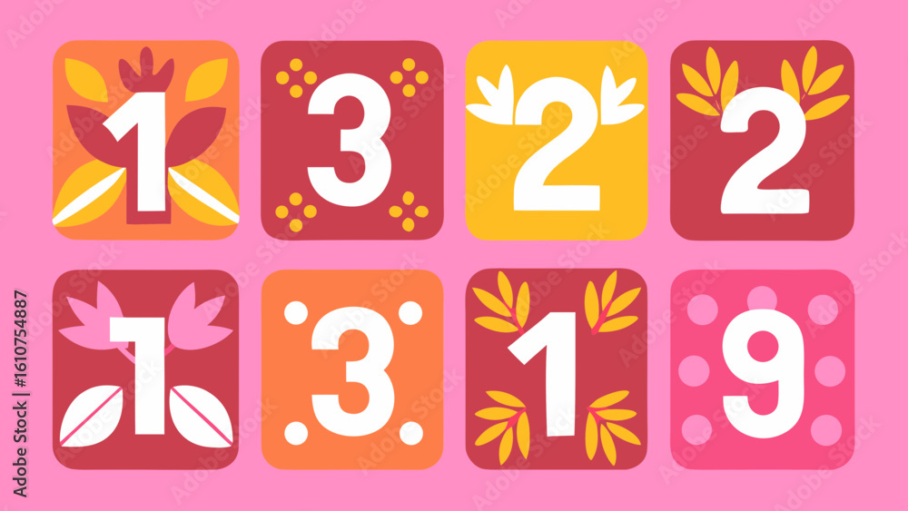Autumnal Number Tiles: Cheerful, Modern Design, Fall Colors, Square Format, Calendar Concept, Digital Illustration. Autumnal Number Tiles: Cheerful, Modern Design, Fall Colors, Square Format, Calendar Concept, Digital Illustration.