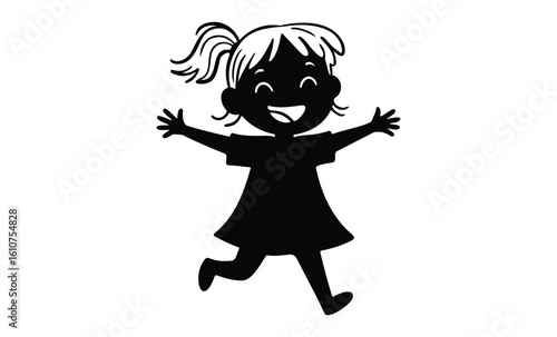 Silhouette of happy young caucasian female child joyfully running with outstretched arms. Vector retro hand drawn illustration