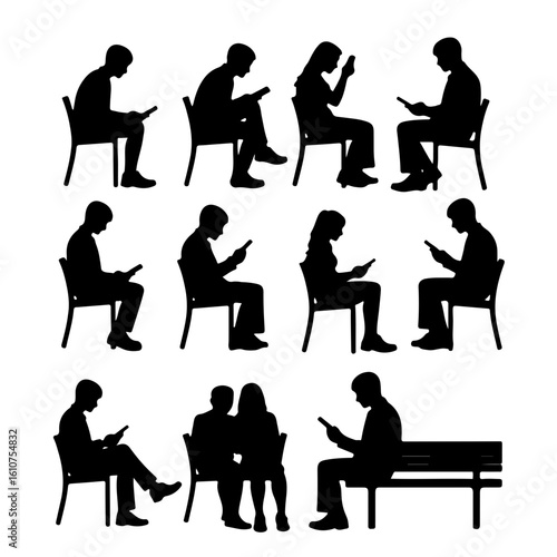 Silhouettes of people sitting on a park bench, reading.
