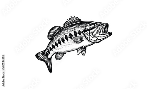 Detailed illustration of a largemouth bass with open mouth and prominent scales. Vector retro hand drawn illustration