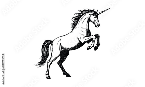 Black and white illustration of a majestic rearing unicorn with flowing mane. Vector retro hand drawn illustration