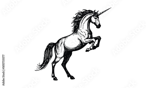 Majestic unicorn sketch with flowing mane and spiraled horn. Vector retro hand drawn illustration